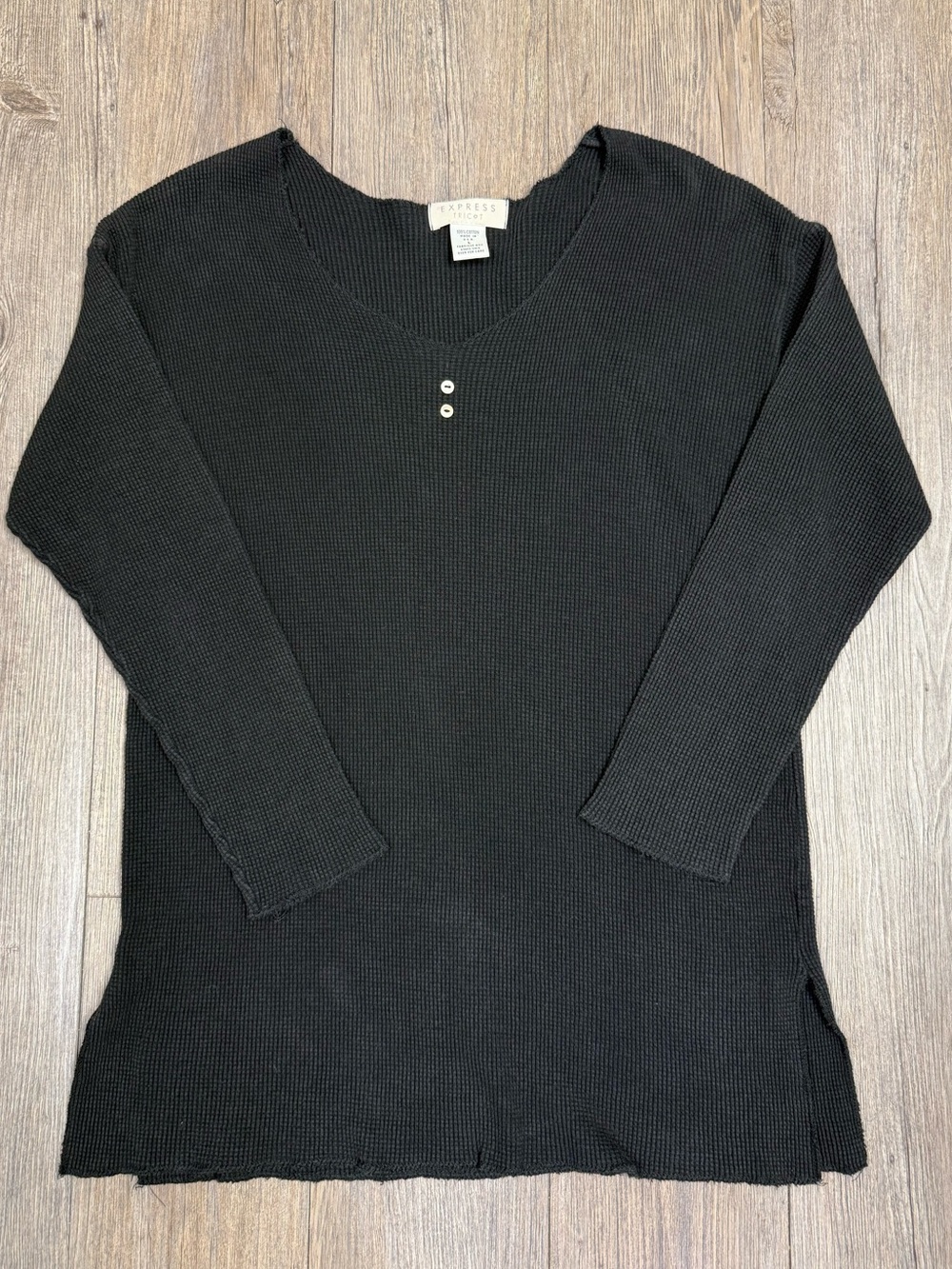 Vintage Express Tricot Black Waffle Knit Top Size Large USA Made